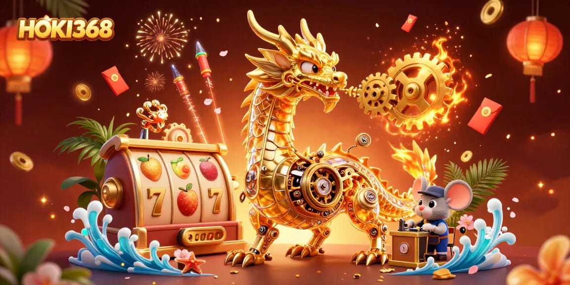 Experience the magic of HOKI368 with a golden dragon surrounded by vibrant casino elements.