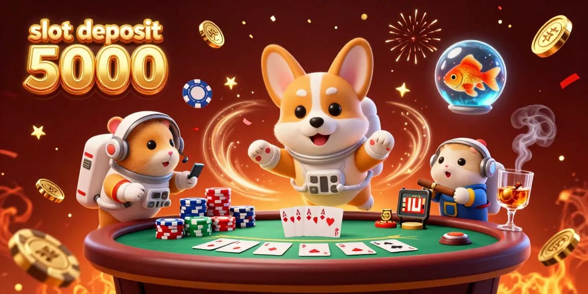 Experience thrilling gameplay in a vibrant casino scene featuring slot deposit 5000 with floating characters and poker excitement.