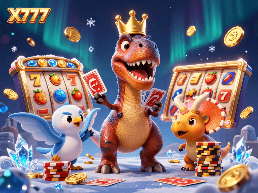 X777 engages players with a friendly T-Rex shuffling cards, boosted by dynamic slot game elements and rich casino visuals.