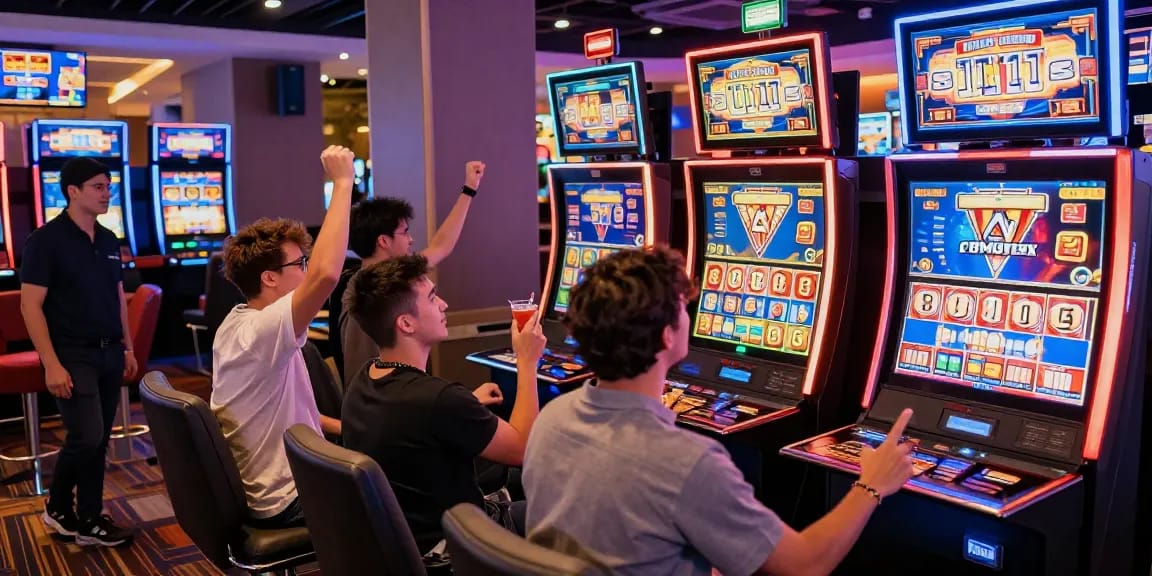 Pemain menikmati permainan di JANDASLOT88 dengan mesin slot berwarna-warni dan suasana kasino yang meriah