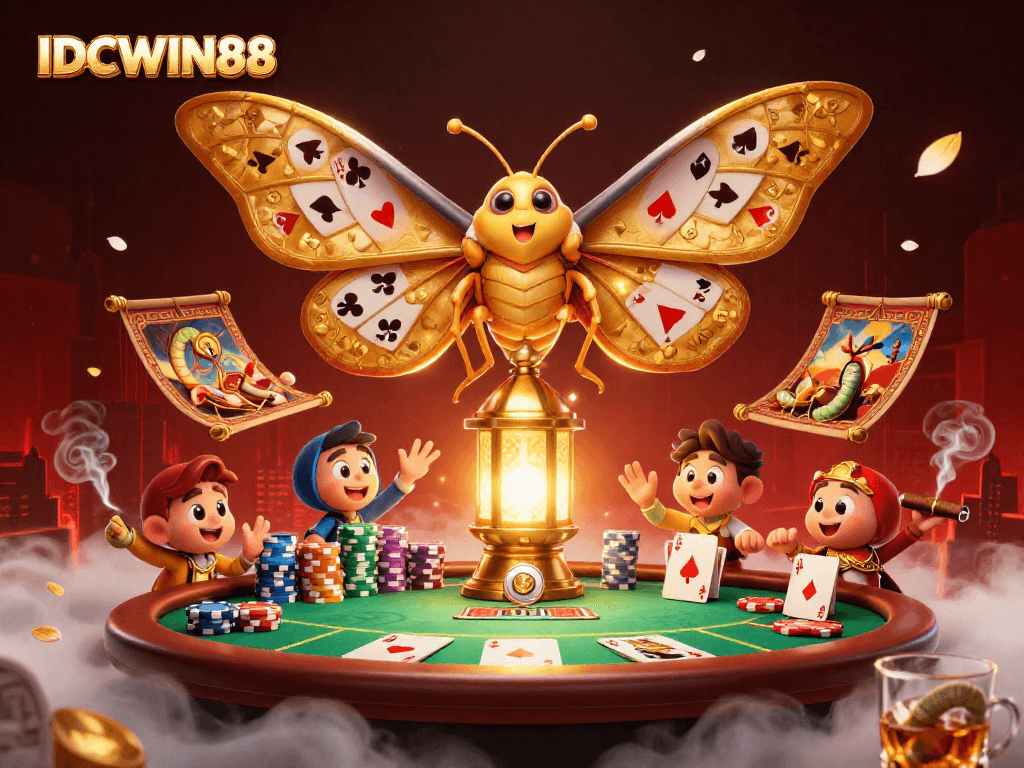 Engage with IDCWIN88 as golden-winged moths illuminate poker scenes in this vibrant casino illustration.