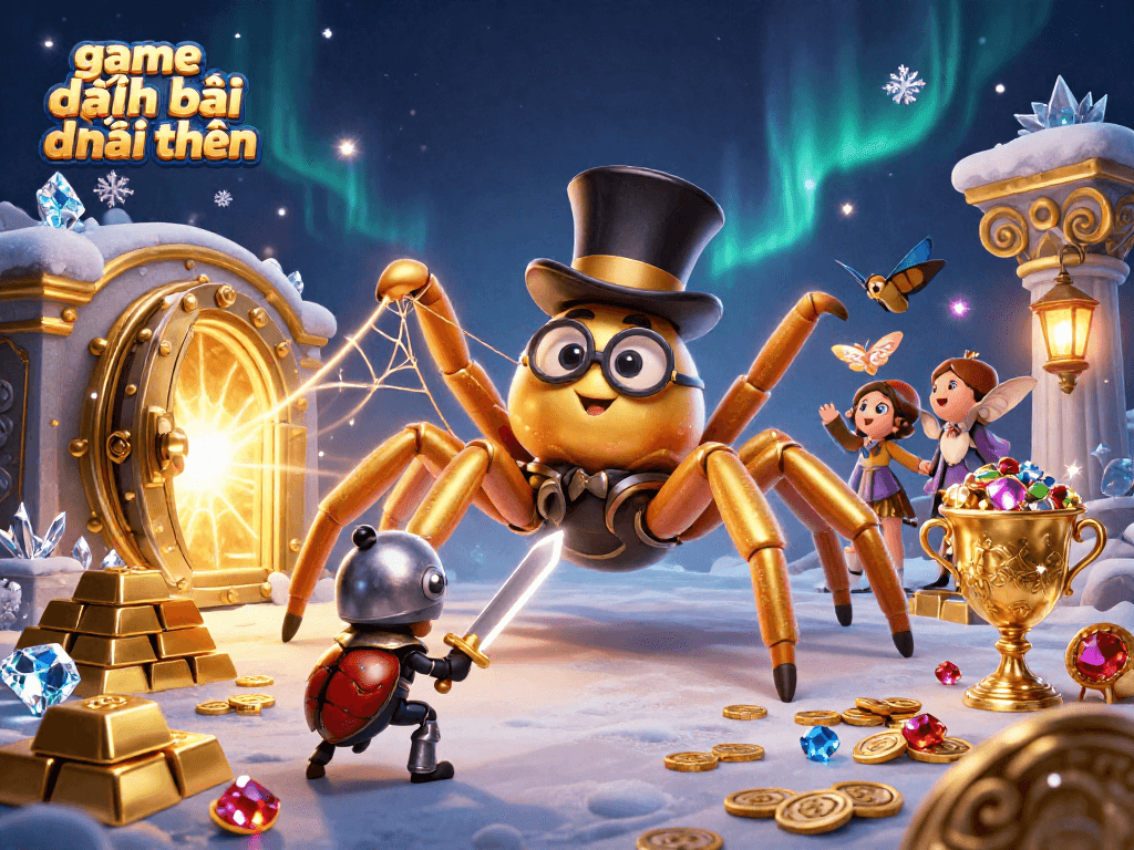 Experience game đánh bài đổi thưởng with a giant golden tarantula and a beetle knight in a dynamic casino scene.