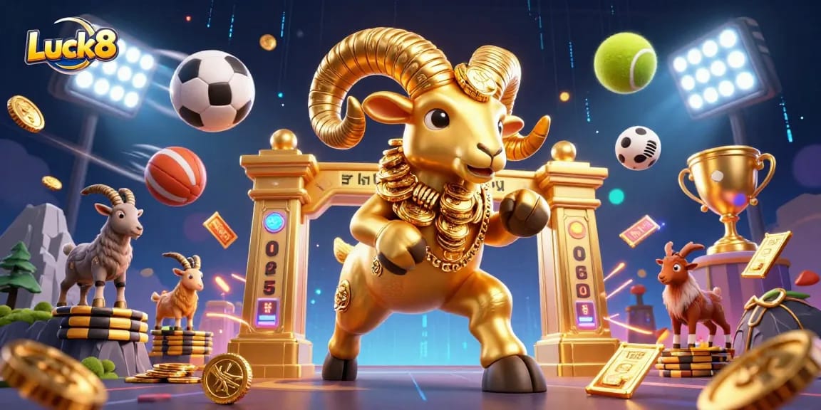 Luck8 leverages dynamic gaming elements with a golden ram charging toward victory.