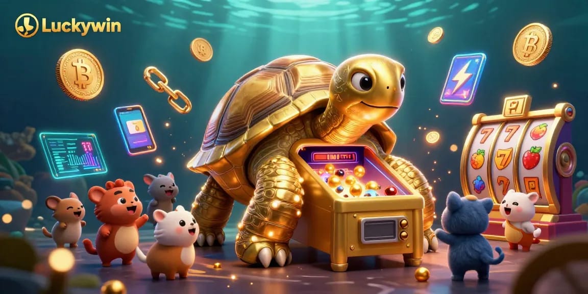Engage in Luckywin's vibrant slot machine scene with animated 3D elements and golden tortoise character.