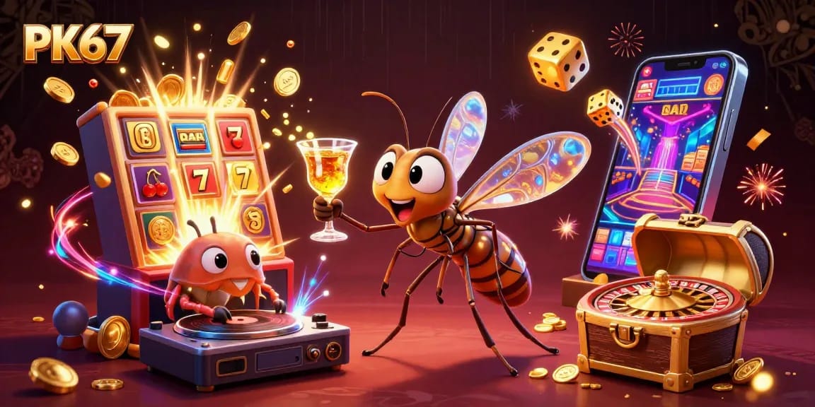 Experience excitement with PK67's vibrant casino scene featuring a lively mascot and dynamic games.