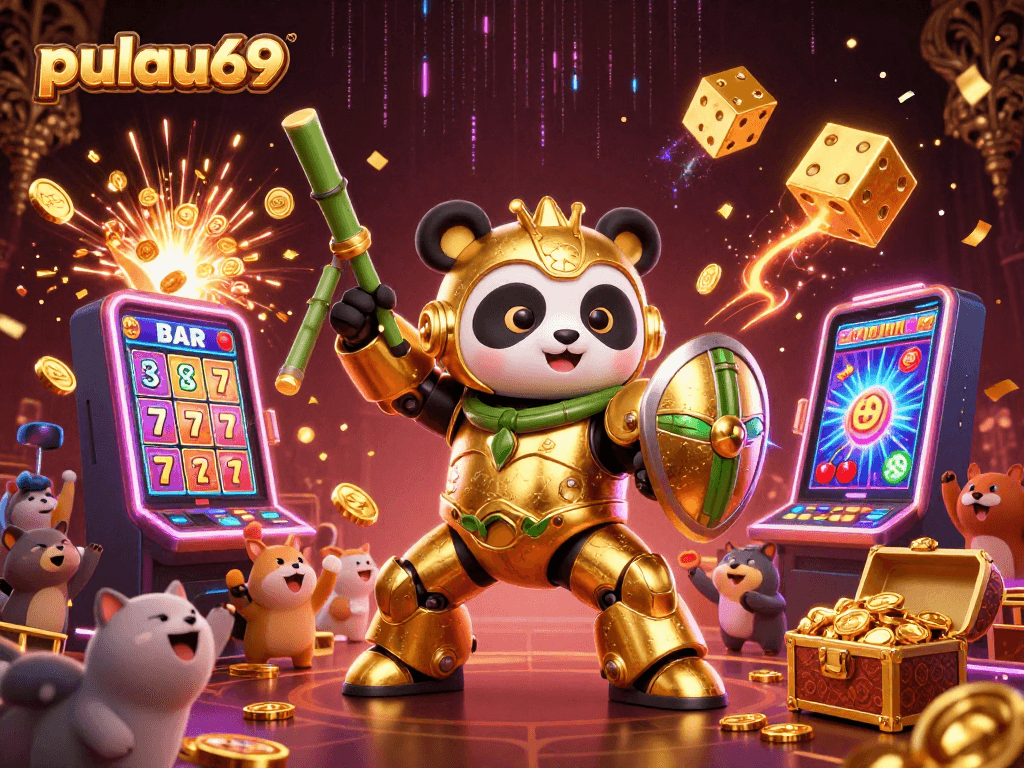 Experience pulau69 excitement with a mech-suit golden panda battling in a vibrant casino world.