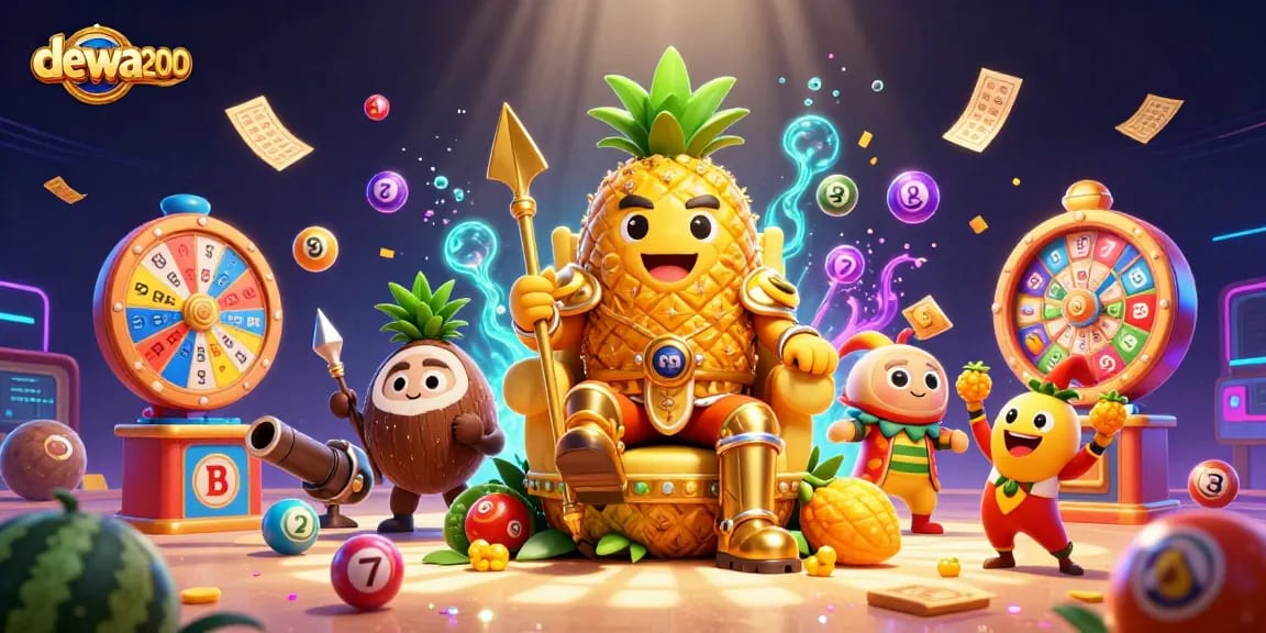 Menyajikan jackpot menarik dengan dewa200 dalam ilustrasi kasino bergaya kartun 3D yang penuh warna.