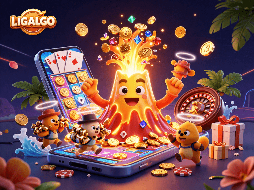 LIGALGO’s golden volcano unleashes treasures in an exciting 3D digital casino illustration.