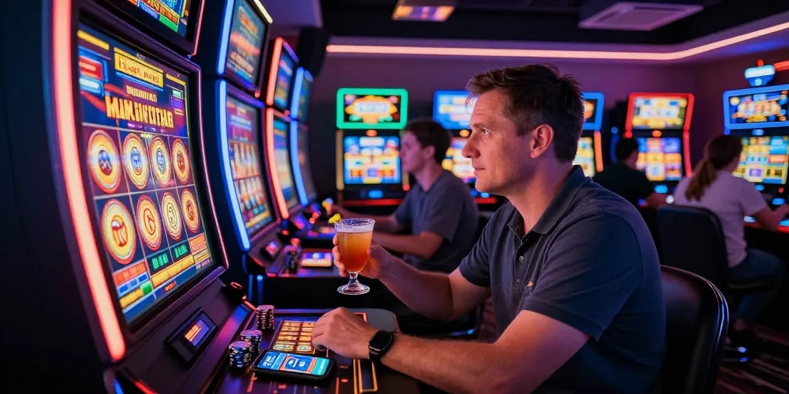 Exciting TEMPOTOTO online gambling scene with a player at a vibrant slot machine.