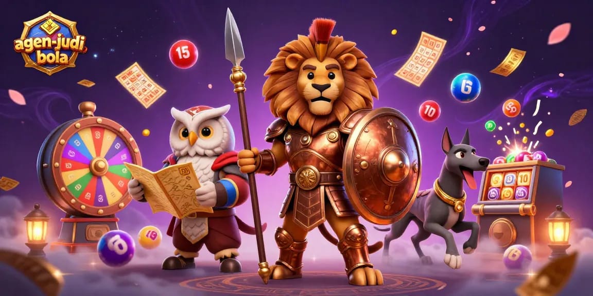 Engage with agen-judi-bola, featuring vibrant casino elements and dynamic characters in an immersive illustration.