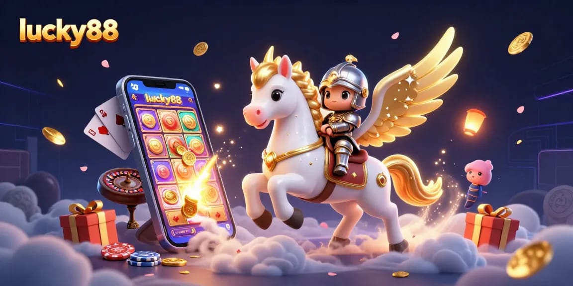 Experience the thrill of lucky88 with a charming knight and mystical horse amidst vibrant casino elements.