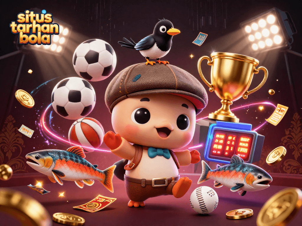 Experience situs taruhan bola excitement with vibrant 3D imagery of cartoon characters and dynamic sports betting elements.