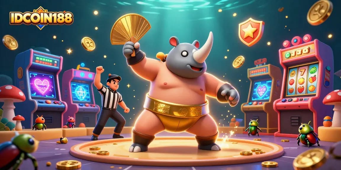 Engage in thrilling adventures at IDCOIN188 with a cartoon rhinoceros beetle sumo champion amidst vibrant casino elements.