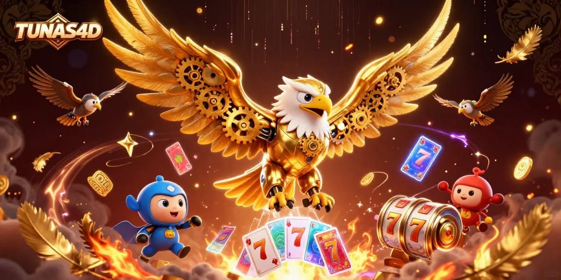 TUNAS4D showcases an action-packed slot scene featuring a cybernetic eagle amidst holographic cards and vibrant symbols.