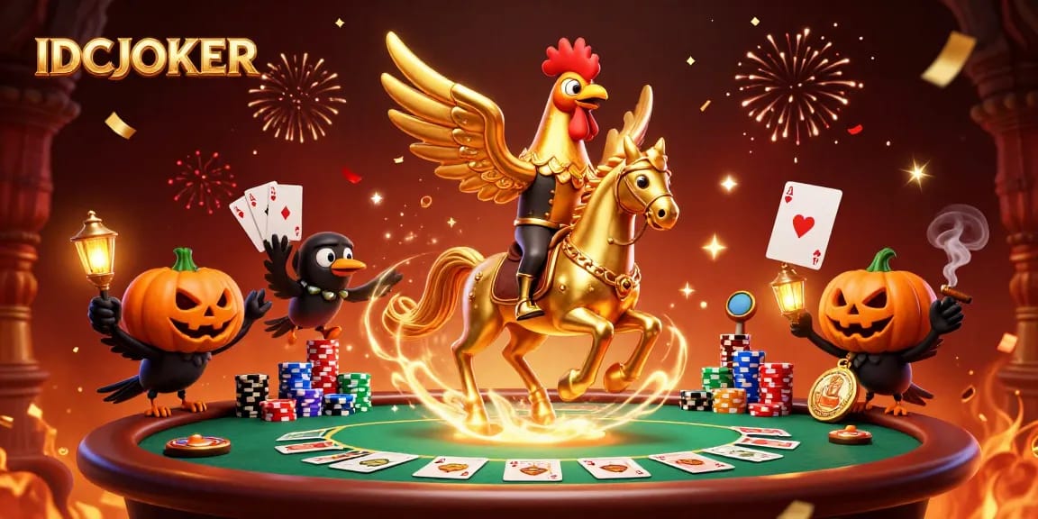 IDCJOKER’s vibrant casino scene showcases a golden rooster, gaming elements, and festive energy.
