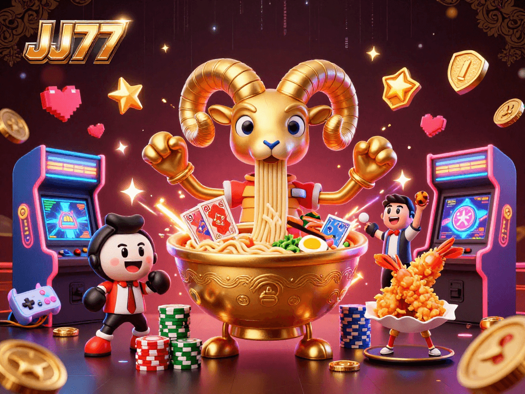 Join the fun with JJ77, where a giant ramen bowl deals cards amidst colorful gaming elements.