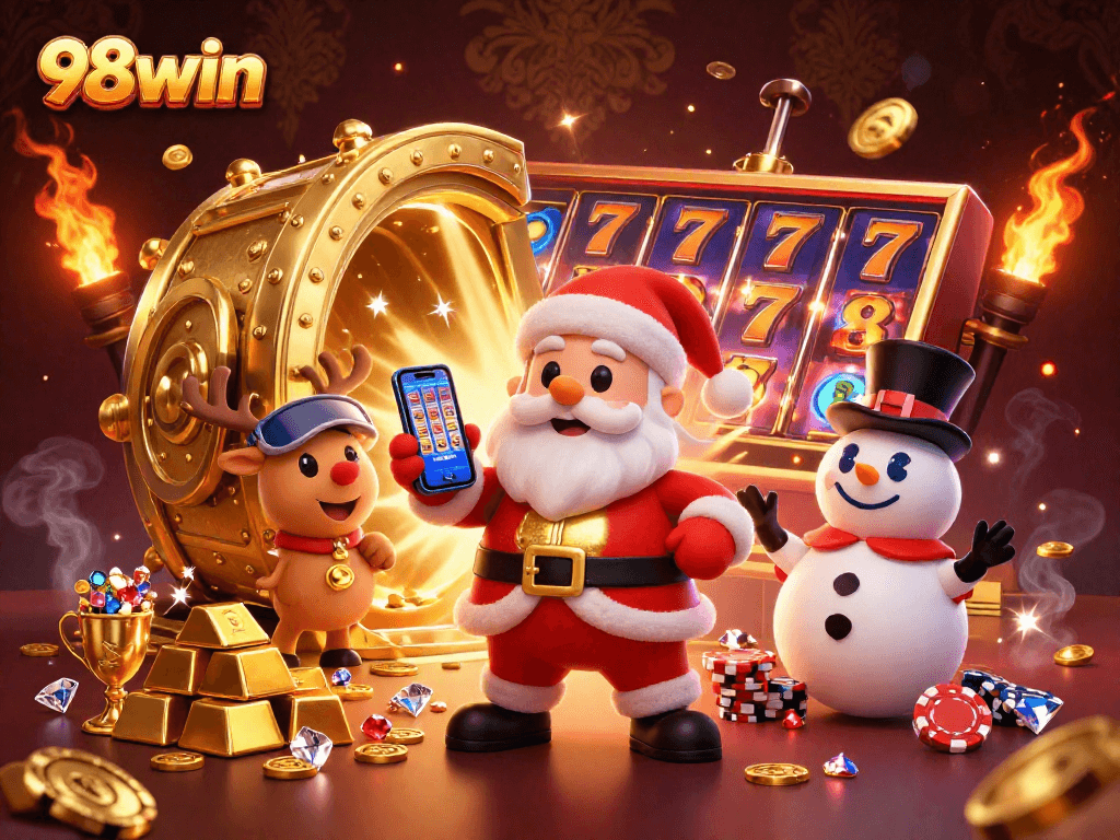 Spin the reels and win with 98win in this vibrant casino scene filled with jackpots and treasures.