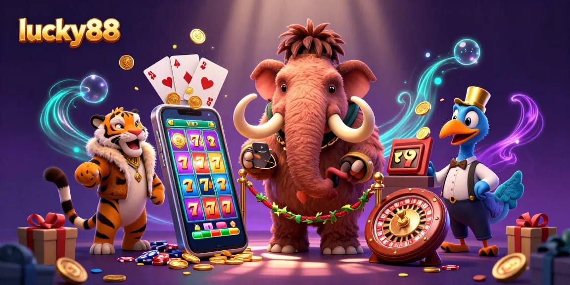 Experience lively casino action with lucky88, featuring a mammoth bouncer checking IDs alongside a VIP saber-tooth tiger in fur.