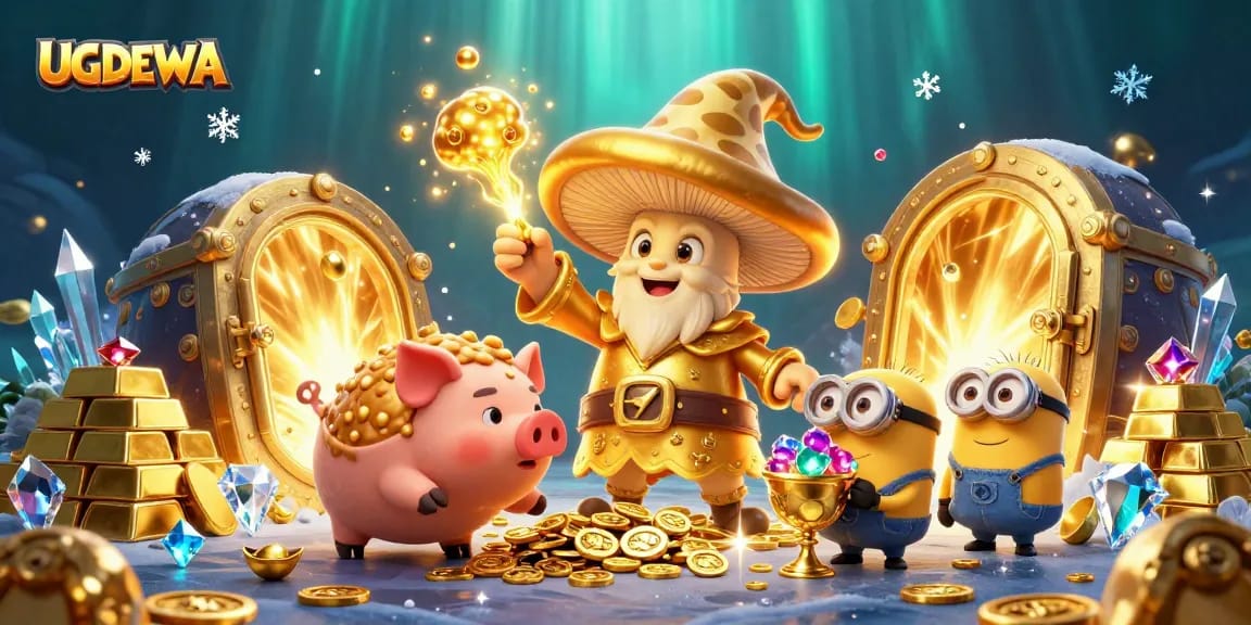 Experience the thrill of UGDEWA with magical riches and vibrant slot elements in an engaging illustration.