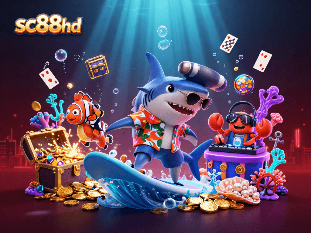 Sc88hd shark surfacing on gold coins, showcasing thrilling slots and casino action.