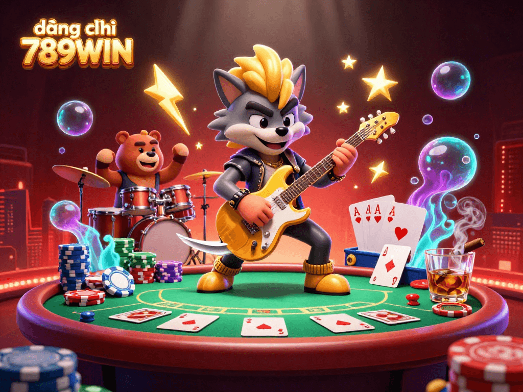 Engage in poker excitement and đăng ký 789WIN on a vibrant casino stage with dynamic characters and game elements.
