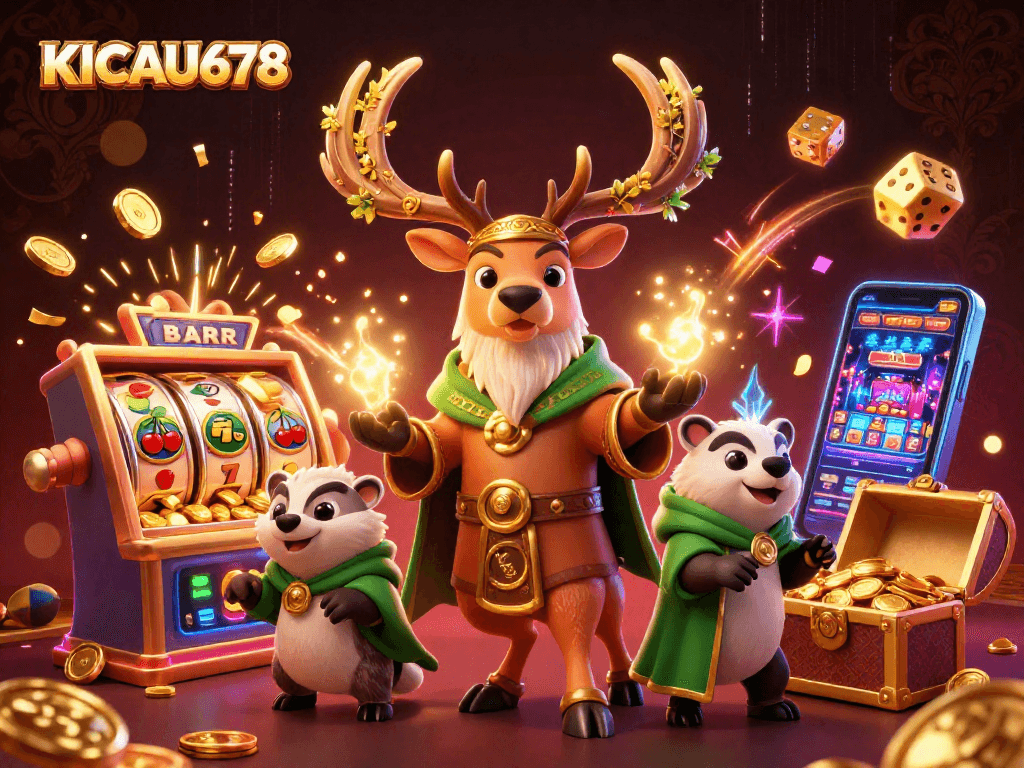 KICAU678 showcases exciting slots action with a mystical druid and badger amidst jackpot treasures.
