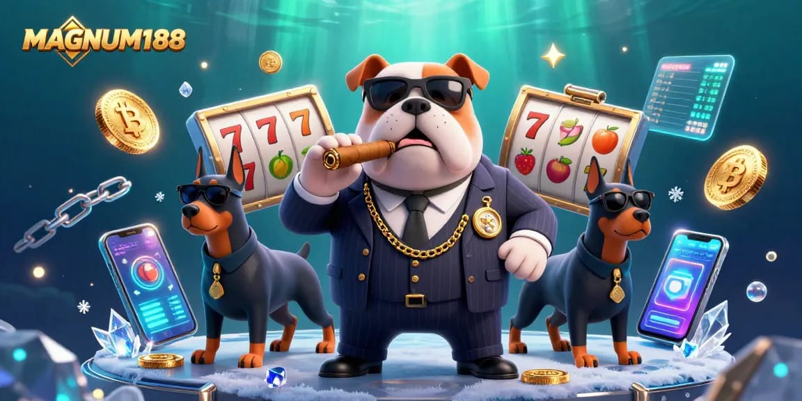 Engage with MAGNUM188's vibrant 3D casino scene featuring mafia-themed characters and slot game elements.