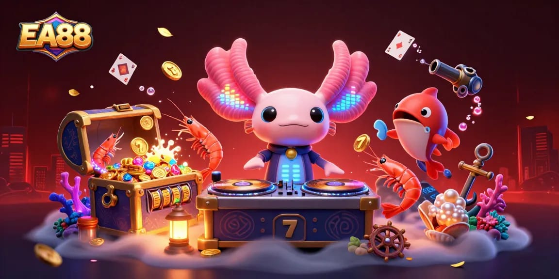 Experience EA88's vibrant gameplay with a neon axolotl DJ and lively underwater scene.