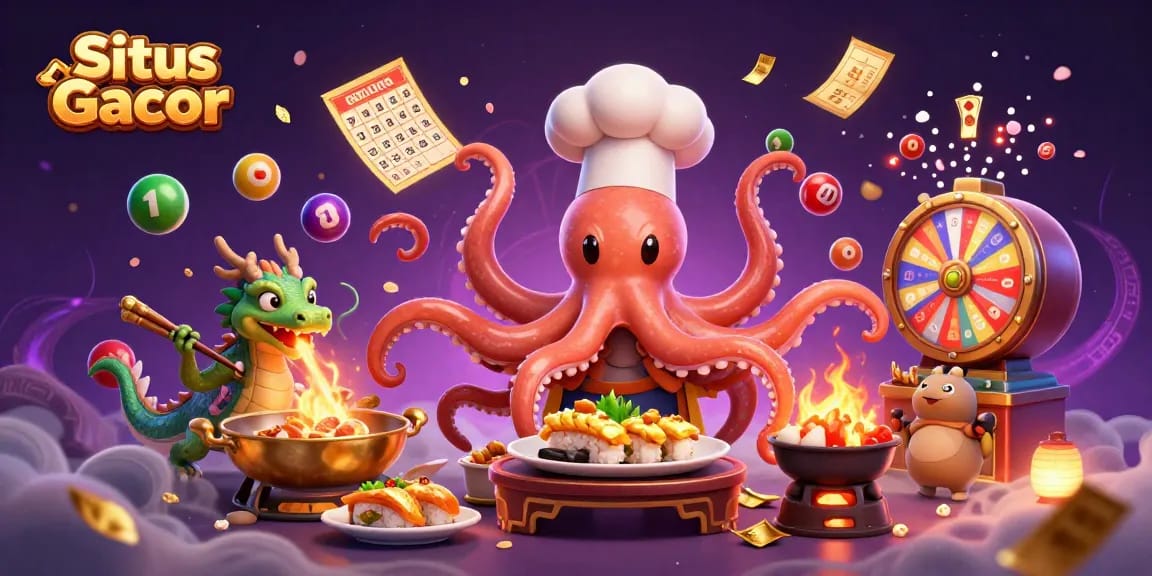 Memenangkan permainan di Situs Gacor dengan simbol keberuntungan di sekitar chef sushi, naga, dan tanuki.