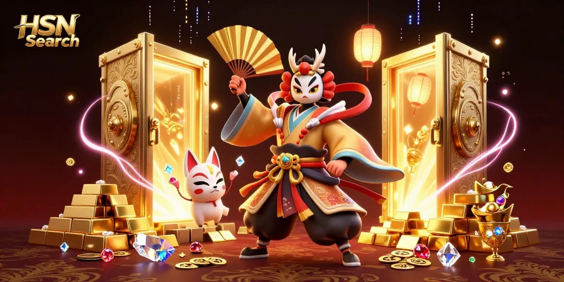 Experience the excitement of HSN Search as kabuki warrior and kitsune mask join dazzling treasures in a vibrant casino scene.