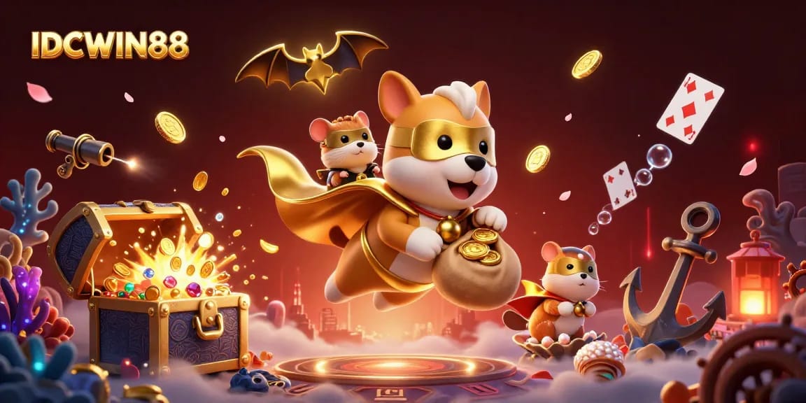 Experience thrilling gameplay with IDCWIN88 as a superhero dog flies with golden coins in this vibrant casino scene.