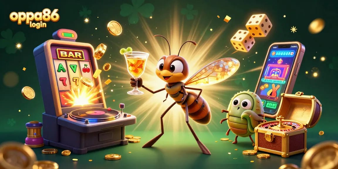 Experience the thrill of oppa86 login as vibrant casino characters interact with gadgets and games in a lively, colorful scene.