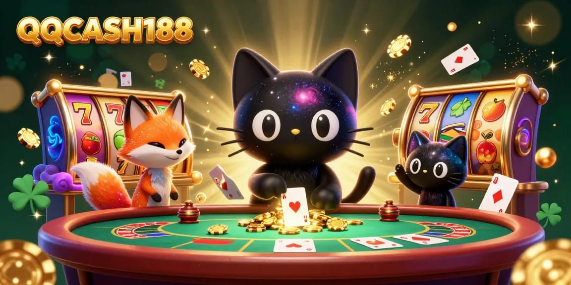 Experience the excitement of QQCASH188 with this vibrant casino scene featuring colorful slot games and dazzling effects.