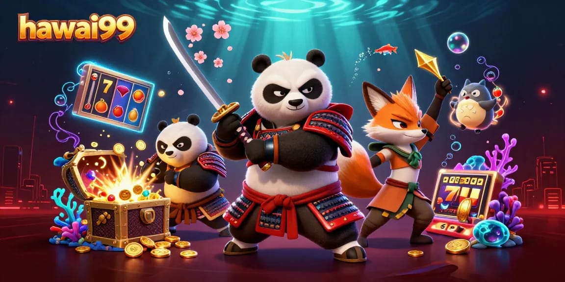 Experience the excitement of hawai99 with dynamic samurai and fox characters in a vibrant casino scene.