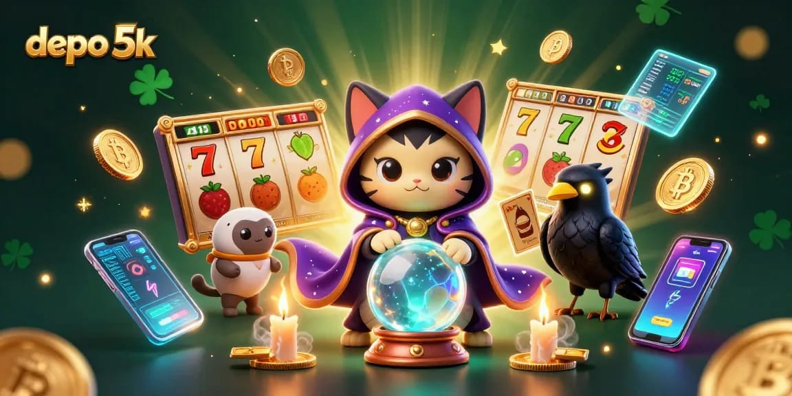Play exciting slots with depo 5k at a dynamic casino featuring mystical characters and cryptocurrencies.