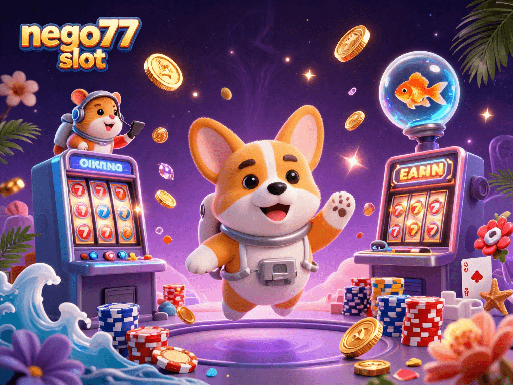 Spin to win with nego77 slot at a vibrant space casino, featuring a corgi astronaut and dynamic game elements.
