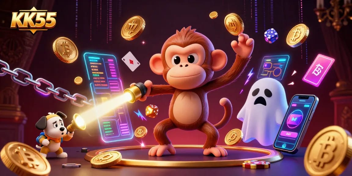 Experience KK55's dynamic fantasy casino world with poltergeist monkey and ghost-hunter puppy.