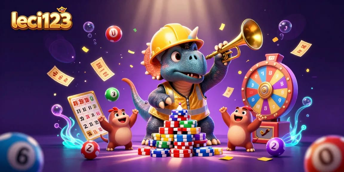Leci123 game scene showcasing a triceratops building poker chip pyramid, surrounded by exciting lottery elements.