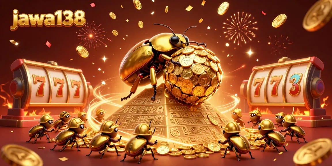 Engage with the vibrant world of jawa138 as a golden dung beetle triumphs over a pyramid of shimmering coins.