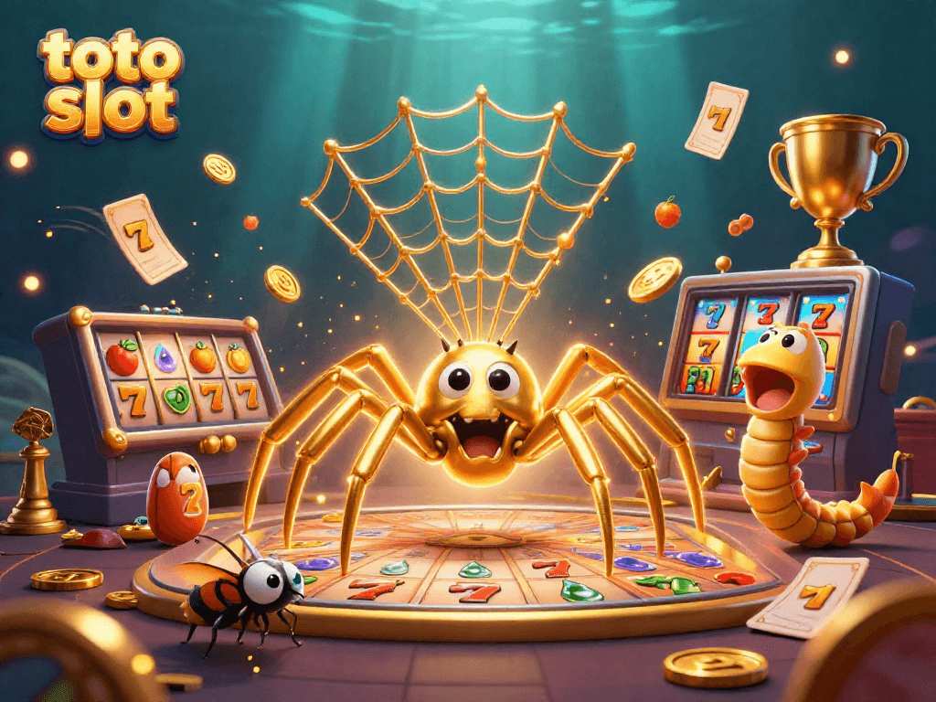 Momen menarik di toto slot dengan laba-laba emas dan mesin slot penuh simbol buah.