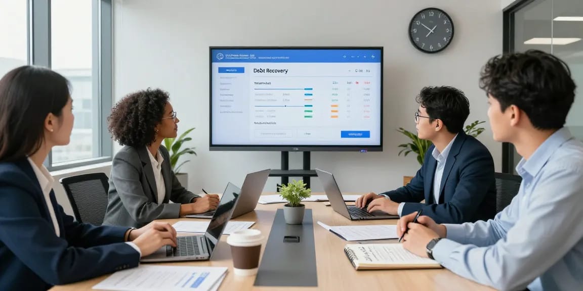 Professional team discussing Deutschsprachiges Inkasso strategies in a modern office setting with laptops and data insights.
