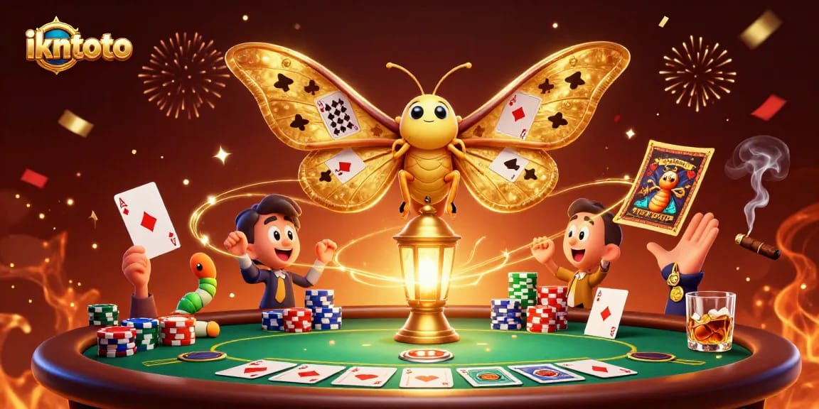 Engage with ikntoto in this vibrant 3D casino scene showcasing poker elements and a majestic moth.