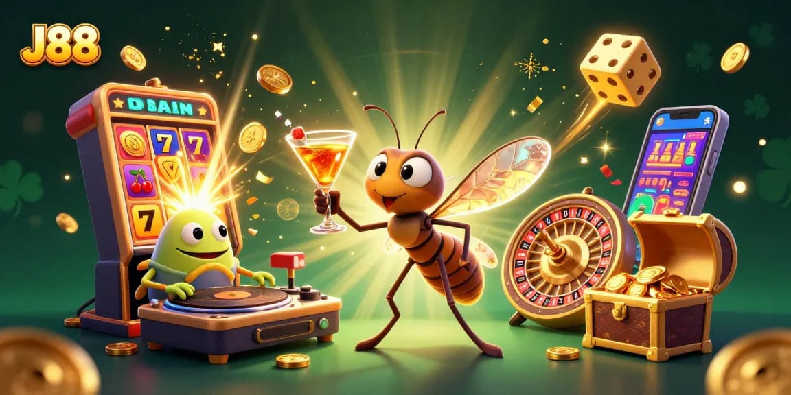 Engage with J88’s exciting atmosphere featuring a lively casino scene with characters and casino elements.