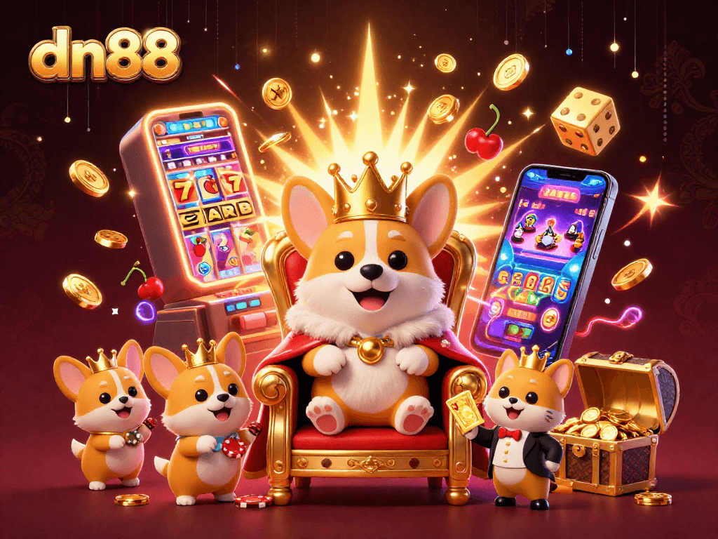 Experience thrilling gaming at dn88 with a royal corgi and casino excitement bursting with vibrant elements.