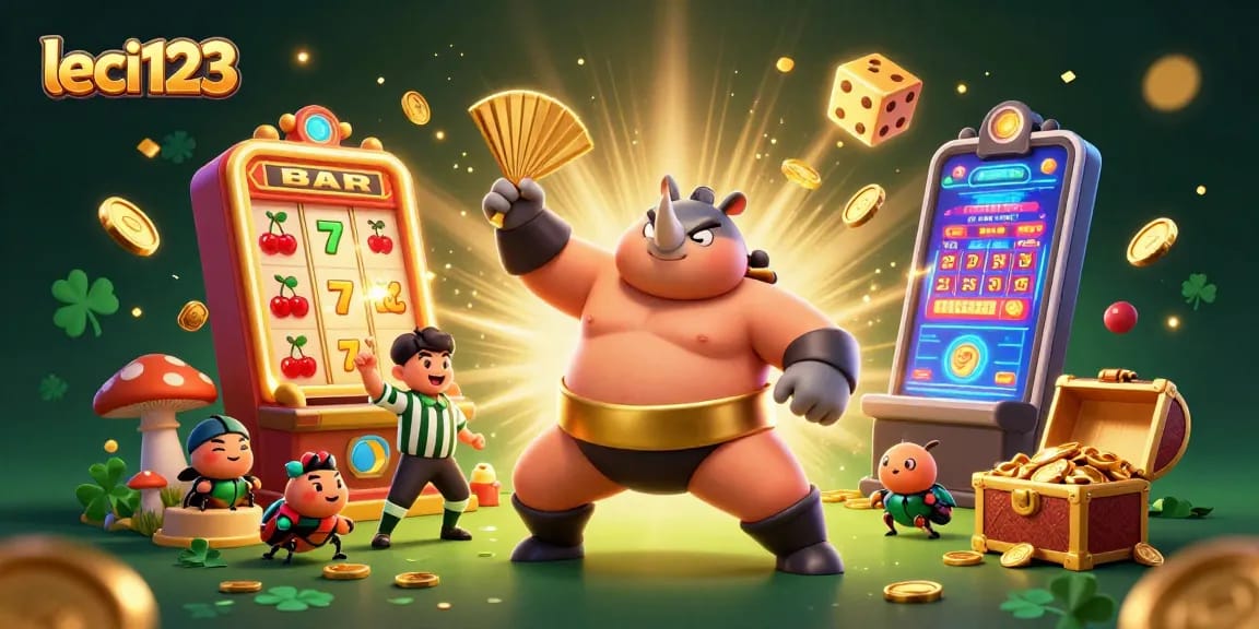 Experience thrilling gaming excitement with leci123's lively casino scene filled with dynamic slot machines and festive celebration.