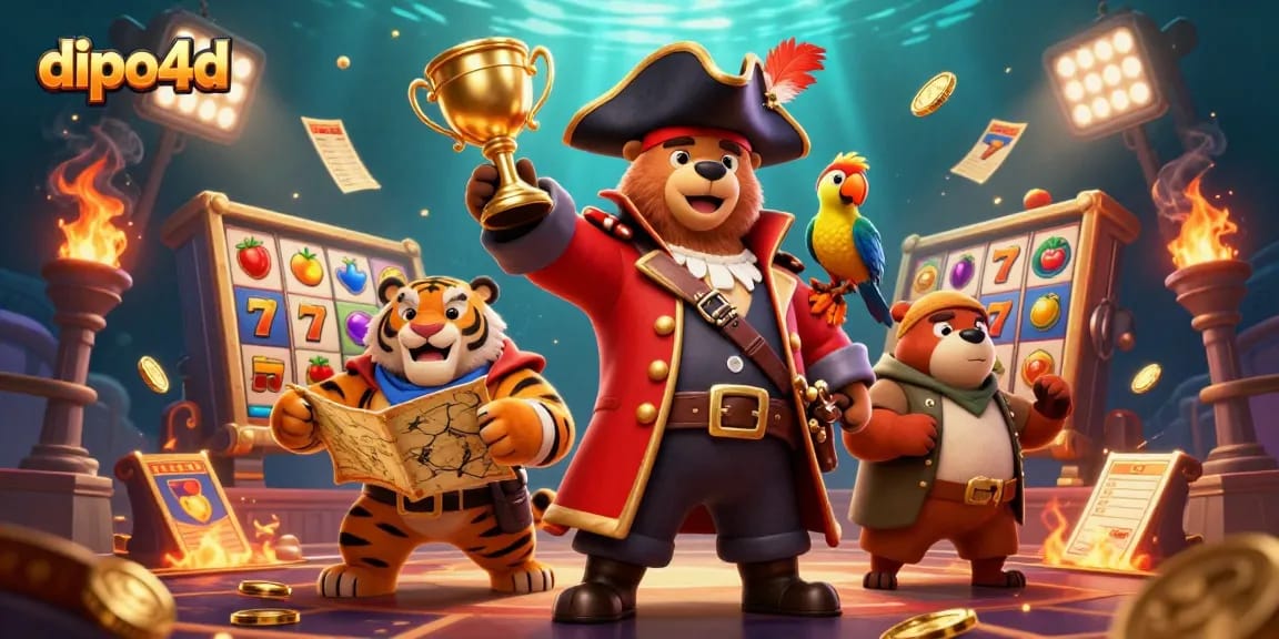 Dive into the excitement of dipo4d with a vibrant casino scene featuring a pirate captain bear, tiger, and treasure map!
