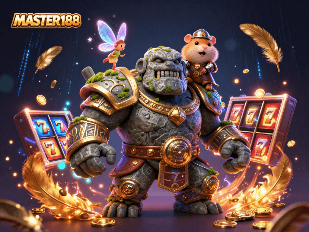 Engage in thrilling gameplay with MASTER188's vibrant casino adventure featuring a magical golem and colorful slot elements.