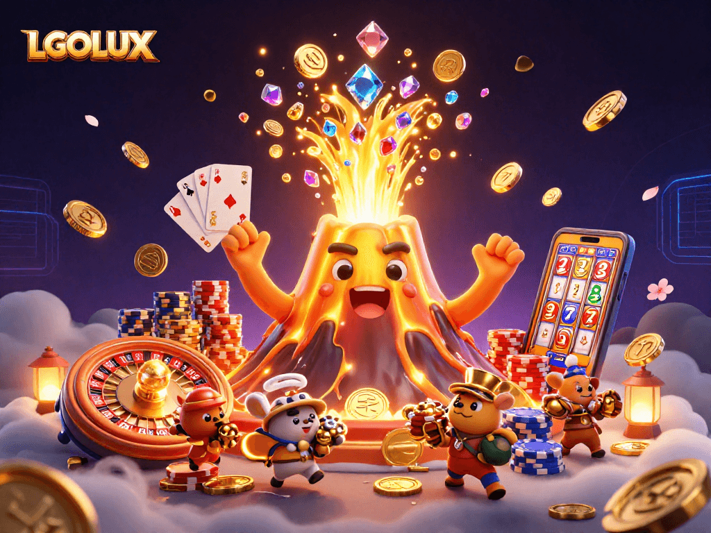 Experience the thrills of LGOLUX with treasures flying from a golden volcano in a vibrant casino scene.