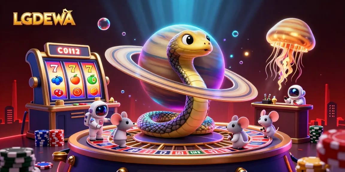 Experience the thrill of gaming at LGODEWA with animated characters at a vibrant casino.