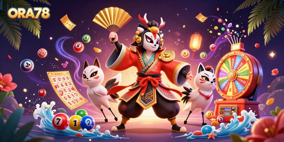 ORA78 menampilkan karakter kabuki dengan elemen permainan, bola lotere, dan aktivitas yang menggembirakan.